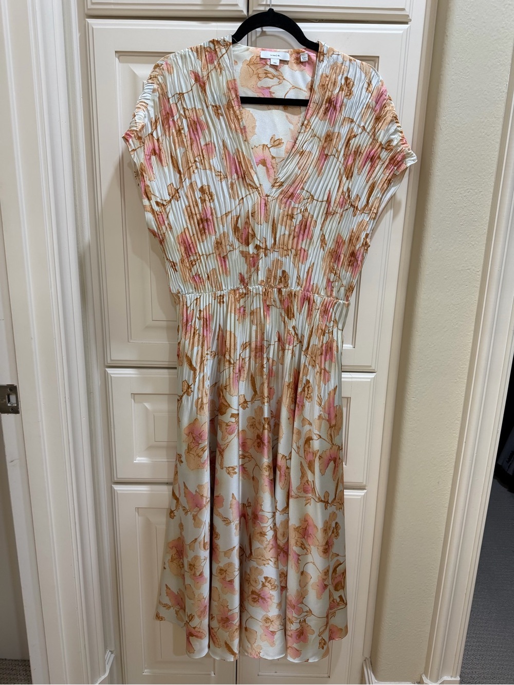 Vince Cream Midi Dress with Pink and Tan Floral